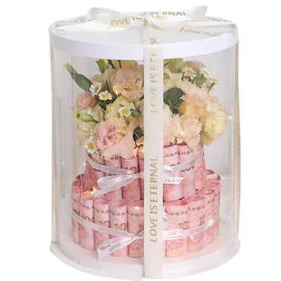 七夕情人节透明圆形蛋糕盒水晶有钱花抱抱桶PVC花束鲜花包装礼盒