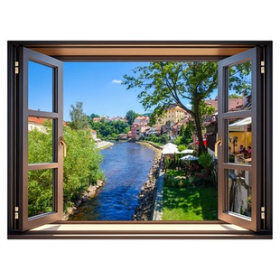 大幅无窗扩展山水风景客厅空间延伸感挂画可定制逼真假窗户装饰画