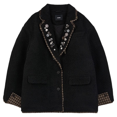 黄棕格纹拼接知识分子风毛呢女