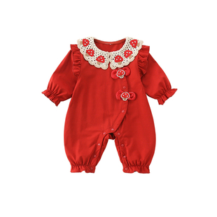 女宝宝红色长袖连体衣春装婴幼儿白天满月喜庆周岁礼服2026新款春