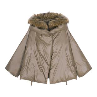 JNBY/江南布衣冬季羽绒服中长款连帽毛领宽松休闲亮面通勤外套女