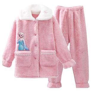 冰雪奇缘儿童睡衣女孩秋冬珊瑚绒女童家居服套装艾莎公主宝宝A类