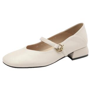 达芙妮浅口单鞋女2026春季新款软底浅色玛丽珍鞋粗跟一字带小皮鞋