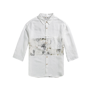 新中式亚麻拼接复古印花翻领衬衫男士夏季潮流新款轻奢七分袖上衣