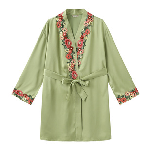 NT夏季丝质性感薄款睡袍女士刺绣蕾丝系带短款浴袍家居服可外穿
