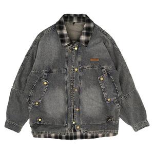 牛仔服假两件外套男翻领双排扣宽松夹克春季新款拼接衬衫格子上衣