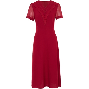 马天奴女装夏季新款红色V领连衣裙收腰短袖气质长裙高级漂亮裙子