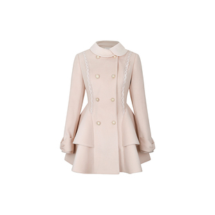 安妮不火双排扣花边拼接蝴蝶结袖连衣裙女新款微胖大码呢子风衣裙