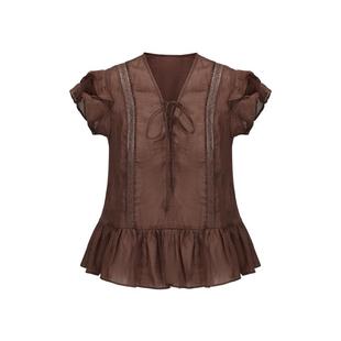 halfmoon设计师品牌LOOKNOW2025春夏新款咖色亚麻钉珠小飞袖T恤女