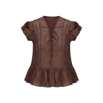 halfmoon咖色亚麻钉珠小飞袖T恤