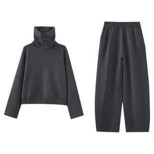 水云间灰色高领毛衣针织衫香蕉裤套装女运动风休闲弯刀裤两件套冬