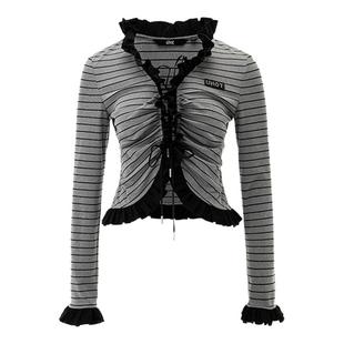 uhot/诱货26春灰黑条纹V领修身针织开衫女柔美花边装饰 UWLS1N086