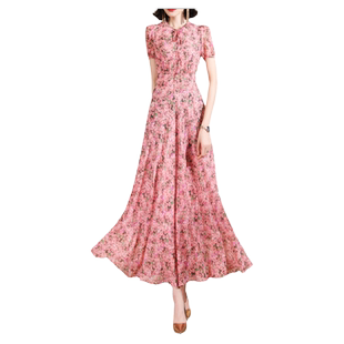 清仓福利雪纺碎花连衣裙女夏季2减龄高腰高个子长款裙子