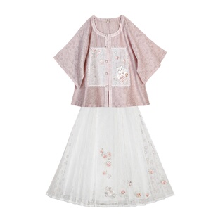 玫瑰布偶 清水溪 原创夏天日常改良汉服女短袖补服松紧白色半身裙