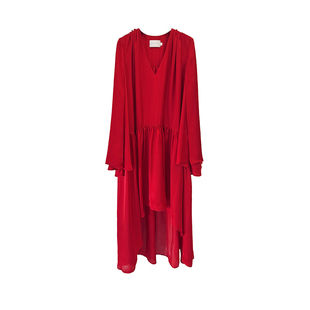 Layers 浓郁正红 缎面开袖不规则飘逸感 节日连衣裙