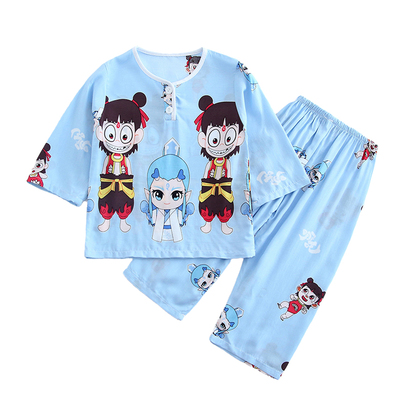 棉绸小孩长袖夏天宝宝睡衣套装