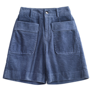 条绒阔腿短裤女秋季宽松高腰直筒口袋休闲工装外穿灯芯绒五分靴裤