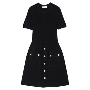 SANDRO秋冬女装法式简约气质黑色高腰收腰短袖针织连衣裙小黑裙