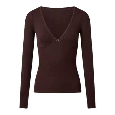 【现货】About Reformation巴黎复古打底衫低胸咖色修身针织上衣