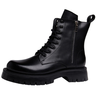 皮靴男真皮大头英伦风中帮马丁靴男黑色内增高冬季加绒高帮皮鞋男