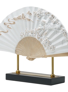 新中式陶瓷扇形山水花鸟摆件