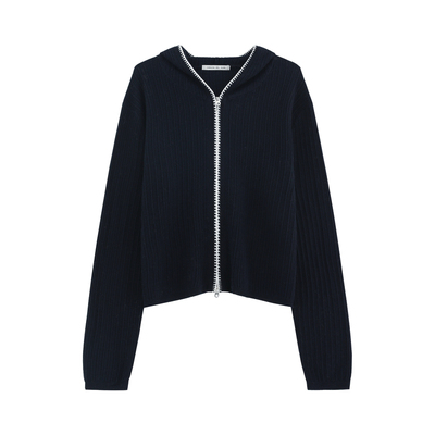 软糯连帽撞边拉链毛织开衫