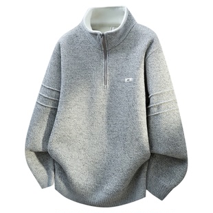 半拉链立领毛衣男生秋冬季新款一体绒青少年加厚针织打底衫上衣服