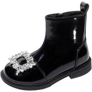 斯纳菲女童靴子儿童皮靴秋冬款加绒保暖时尚公主水晶鞋小女孩短靴