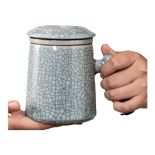 汝窑办公杯个人专用茶杯陶瓷带盖过滤茶水分离泡茶马克杯高档礼盒