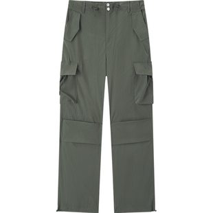 爱居兔秋季新款深绿色复古时尚降落伞库阔腿裤