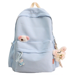 书包女生初中生ins小众韩系蓝色系格子双肩包女大容量高颜值背包