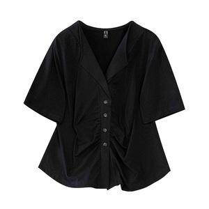 大码短袖衬衫女设计感小众褶皱时尚胖妹妹减龄显瘦胖mm遮肚子上衣