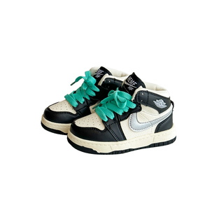 韩版儿童高帮板鞋秋冬新款男女童跑步鞋黑白拼色二棉鞋宝宝运动鞋