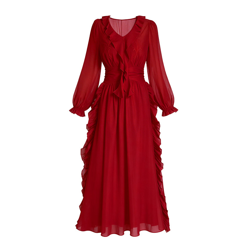 何衣见友《红唇》法式复古玫瑰刺绣荷叶红色大摆仙气轻婚纱连衣裙