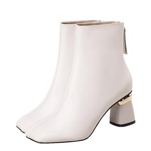 粗跟短靴2025秋冬季新款显瘦短筒米白色时装靴高跟鞋女士真皮靴子