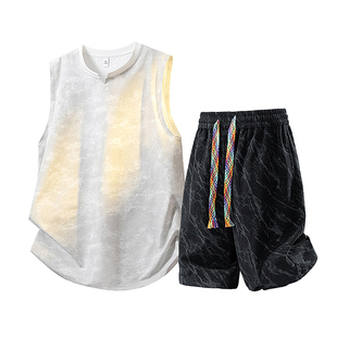 GLM美式扎染休闲五分裤运动套装男夏季薄款无袖背心短裤两件套