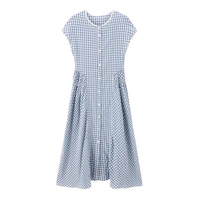ROCOCO/洛可可蓝色格子撞色连衣裙2025夏季小飞袖收腰中长款裙子