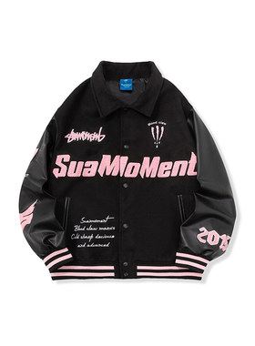 SUAMOMENT字母刺绣毛呢棒球服