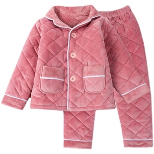 女童睡衣秋冬季加厚款三层夹棉睡袄套装珊瑚绒中大儿童睡衣女亲子