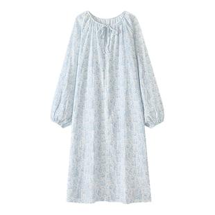 可爱兔子睡裙女春秋季纯棉双层纱布长袖田园风睡衣宽松长款家居服