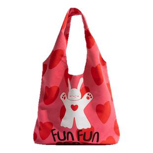 格调studio可爱卡通小兔子多巴胺红色帆布包包女款通勤百搭托特包