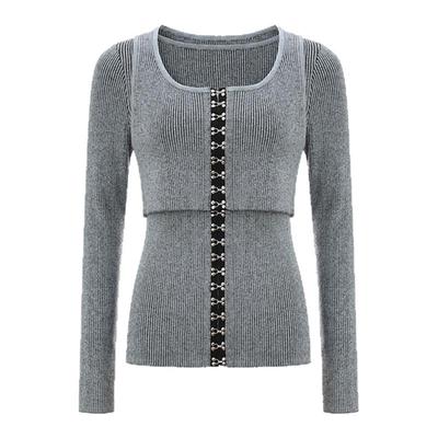 蓝色勾扣叠穿针织衫两件套