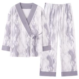 带胸垫月子服100%纯棉和服产后孕妇哺乳睡衣春秋大码可调节家居服