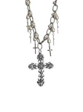 暗黑风黑色镶珍珠十字架吊坠项链