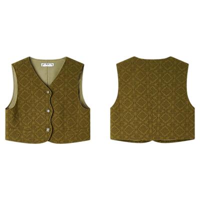 PIT复古绿色提花V领无袖短款马甲背心女2025夏薄款叠穿外套上衣