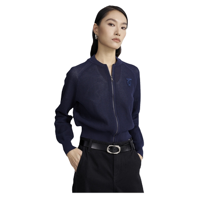 OTT春秋新款镂空拉链毛织开衫女圆领休闲外套上衣短款修身针织衫