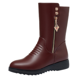 妈妈鞋子秋冬季棉靴中跟加绒加厚真皮保暖中年中老年女士中筒靴子