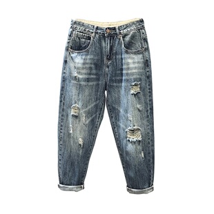 破洞乞丐裤子男高街复古哈伦九分裤早秋季男款宽松直筒潮牌牛仔裤
