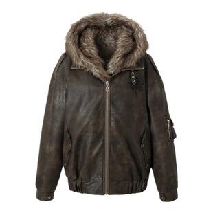 现货BAK原创设 计做旧水洗皮棉衣大毛翻领皮草外套复古加厚外套冬