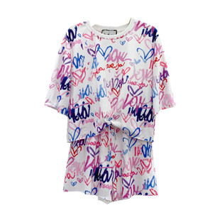 亏本清！不退不换！欧洲站涂鸦印花短袖上衣抽绳短裤套装女